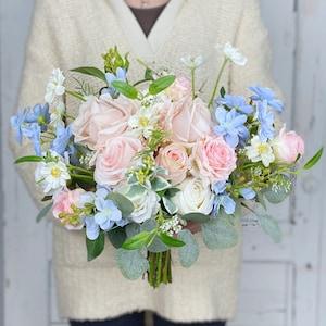 Boho Bridal Bouquet, Blush Pink and Light Blue Wedding Bouquet, Wedding Flower Bouquet,  Design in Rose, Daisy and Delphinium