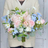 Boho Bridal Bouquet, Blush Pink and Light Blue Wedding Bouquet, Wedding Flower Bouquet,  Design in Rose, Daisy and Delphinium