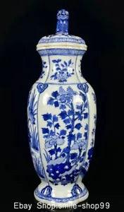 14" Kangxi Marked Blue White Porcelain Lion Plum Peony Lotus Flower Bottle Vase