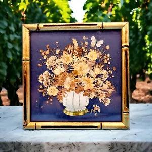 Henrietta Brownie Strong Botanical Faux Bamboo Frame Flowers Signed 1977 v2