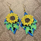 Sunflower earrings, beaded flower earrings, blue and yellow boho chic earrings, seed bead earrings.