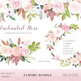 Blush Rose Watercolor Clipart Pack - Watercolor Roses Clipart Pack, Blush Rose bouquets, Elements and Wreaths, Clipart Set for Weddings etc