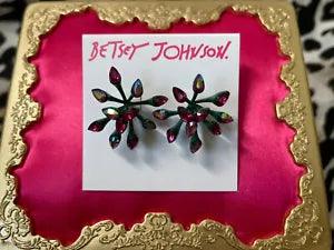 Betsey Johnson Lily Flower Green Filament Fuchsia Crystal AB Cluster Earrings