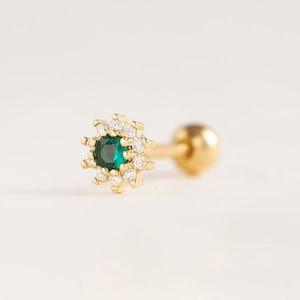 Emerald Flower Piercing, 18G Helix Piercing, Birthstone Jewelry, May Birthstone Earrings, Dainty Cartilage Earring, Tiny Screw Back Earring