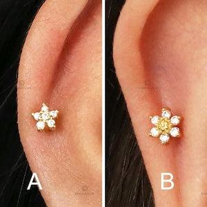Sunflower Flat Back Labret, Cartilage Earrings, Tragus Stud, Helix Stud, Flat Back Stud, 925 Sterling Silver, Dainty Minimalist Earring