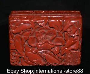 3.8" Marked Old China Red Lacquer Ware Dynasty Palace Peony Flower Jewelry Box