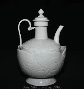 10'' Old Chinese White Glaze Porcelain Pattern Peony Flower Wine Tea Pot Flagon