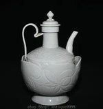 10'' Old Chinese White Glaze Porcelain Pattern Peony Flower Wine Tea Pot Flagon