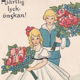 Congratulations - 1930s vintage swedish postcard illustrator Schonberg - elegant man & white dress fashion lady - bouquet of roses ephemera