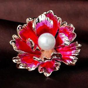 Woman's Charming Red Peony Flower Pendant Brooch Pin Zircon Crystal Lotus New