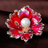 Woman's Charming Red Peony Flower Pendant Brooch Pin Zircon Crystal Lotus New