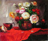 Beautiful Oil painting nice still life flowers peony in pottery pot canvas