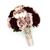 Rose Gold Dusty Rose and Burgundy Wedding Bouquet, Artificial Bridal Bouquet and Bridesmaids Bouquets, Roses Peonies Rose Gold Rhinestones