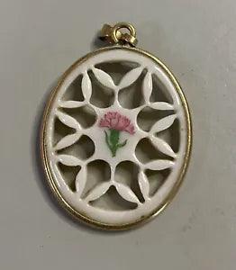 Vintage LENOX Gold Tone, Open Design Porcelain Flower Pendant, 1-1/8" Carnation