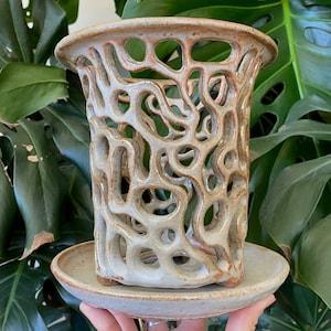 White Grey Gold Ceramic Orchid Planter with Holes and Optional Saucer