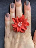 Orange Leather Lily Flower Ring - 3 cm - Adjustable - Handmade in Bali