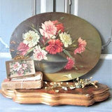 1930's French roses painting signed antique French oil painting roses bouquet in vase oval French oil floral painting on board.