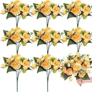 8 Packs Artificial Flowers Faux Flowers Silk Hydrangea Bouquet Peony Yellow