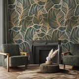 Peel and Stick Wallpaper, Green Leaves Wallpaper, Glamour Wall Mural, Removable Wallpaper, Dark Green Pattern, Botanical Wall Art #581