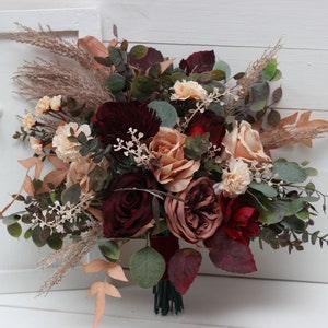Burgundy dusty rose peach flowers Fall bridal bouquet Faux bouquet Fall wedding Halloween wedding Silk flowers Boho wedding-size 14 inch