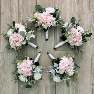 Bridesmaid bouquets, light soft pink hydrangea realistic faux white roses & greenery silk bridal bouquet, eucalyptus sage wedding flowers