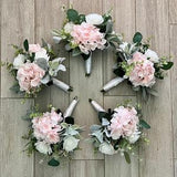 Bridesmaid bouquets, light soft pink hydrangea realistic faux white roses & greenery silk bridal bouquet, eucalyptus sage wedding flowers