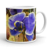 Blue orchid plant coffee mug, Lavender rare orchid tea cup, Navy orchid bouquet soup mug, Botanical print teacup, Summer blossom cocoa mug