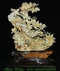 21.6'' Chinese Natural Xiu Jade Carving Phoenix Phenix Bird Peony Flower Statue