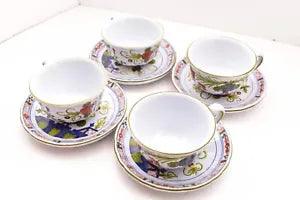 SET 4 Sigma Carnation Cups & Saucers Italy Pottery Light Blue w/ Flowers.