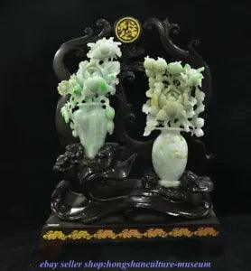 12 " Collect Old China Natural Emerald Jade Carved Peony Flower Vase Statue Pair