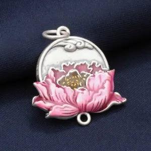 1PCS S990 Real Fine Silver Pink Enamel Peony Flower Coin Pendant DIY Part