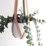 Plant hanger leather, ceiling planter, leather geometric hanging planter, vegetable tanned leather natural including white plastic pot