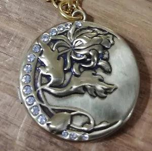 Victorian Trading Co Bronze Coin Lily Rhinestone Locket & Necklace 28D