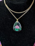 vintage German painted glass lily pad pendant necklace