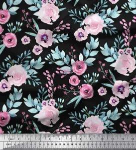 Soimoi Black Velvet Fabric Anemone & Ranunculus Floral Printed Craft-lhs