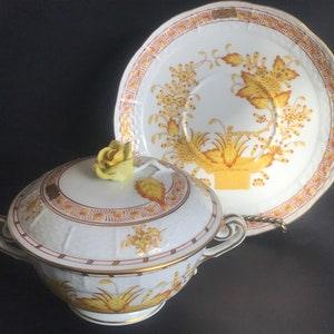 Vintage, Hand Painted Chinese Bouquet By Herend Hungary, Round Mini Soup Tureen W/ Lid, underplate, and handles, Rose Knob pattern,