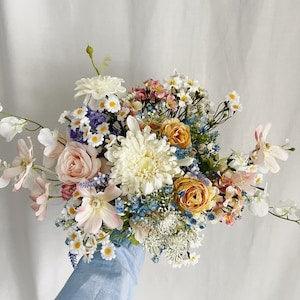 Spring Colors Bouquets with wild pink, blue and yellow flowers, colorful bridal bouquets, silk bridal bouquet, bride bouquet summer  bouquet