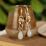 China Natural Jadite Peony Flower Water-drop Earrings Ear Stud &Pure Silver S925