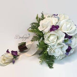 CHOOSE RIBBON COLOR - White Rose Bouquet, Purple Bellflower, Purple Flower, Bridal Bouquet, Real Touch Bouquet & Boutonniere, Wedding, Fern