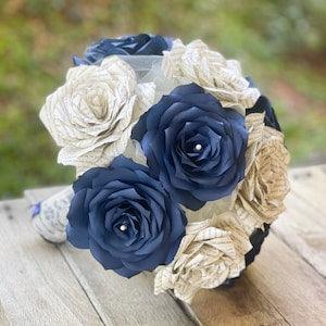 Book Page and Navy Blue Filter Paper Rose Bridal Bouquet - Colors are customizable