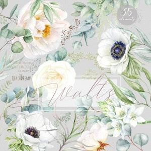 Floral clipart, Eucalyptus, Peony, Anemone, White flowers, Greenery, Watercolor elements, Bohemian Boho, Hand Painted, Wedding invitations