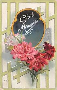 Pretty Carnations on 1910 Art Nouveau Postcard-Glad Memories-Friendship Flowers