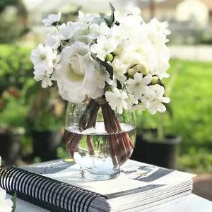 Artificial Rose and Mixed Flower Arrangements in Glass Vase with Faux Water
