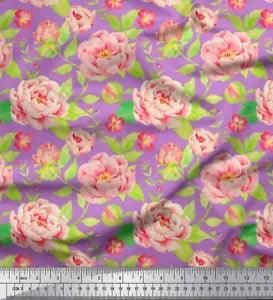 Soimoi Purple Velvet Fabric Leaves & Peony Floral Print Fabric by-6EH