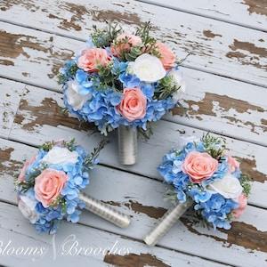 Wedding Bouquet, Wedding Flowers, blue peach ivory bouquets, hydrangea Bridal bouquet, flowers for  destination wedding, hydrangeas, roses