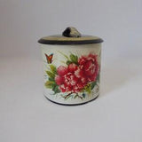 Round metal box with lid. Peony and butterfly bouquet box. 6 MB container made in Great Britain. Year 50. Bulk foods.