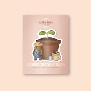 Waterproof Gardener Bear Sticker | Plant Lover, Green Thumb, Nature, Plants, Gardening, Teddy Bear, Planter, Spring, Sprout, Cottagecore