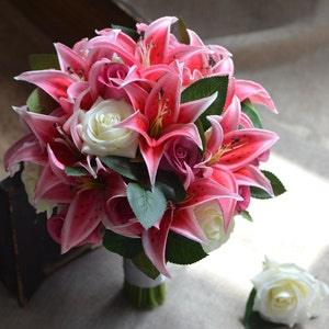 Hot Pink Lilies Roses Bridal Bouquets Real Touch Flowers Groom Boutonniere