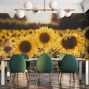 Sunflower removable vinyl mural / Peel and stick floral wallpaper / Yellow flower mural print