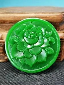 Perfect Chinese Green Jade Precision Carved Peony Flower Pendant M994